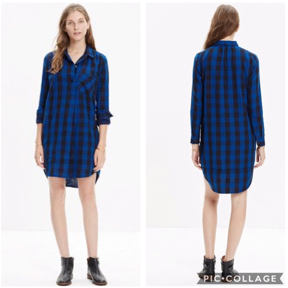 EUC Madewell  Latitude Blue Black Buffalo Check Cotton Shirt Dress